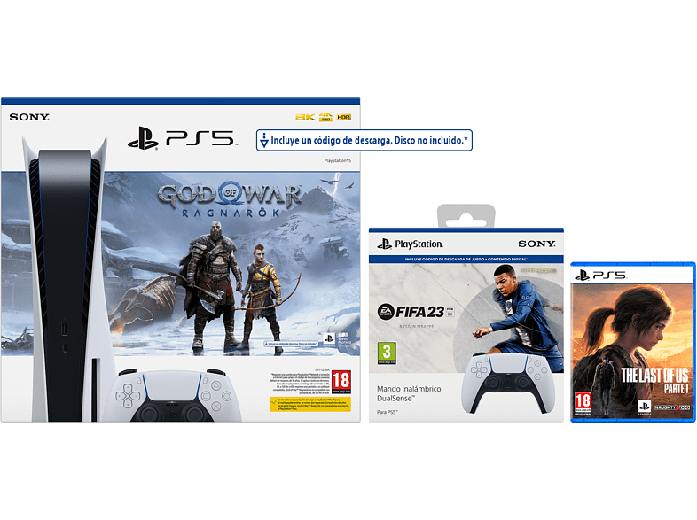 Consola - Sony PS5 Stand C, 825 GB (2 Mandos DualSense™ incluidos) + God Of War: Ragnarok (descarga) + FIFA 23 (descarga) + The Last Of Us: Part I