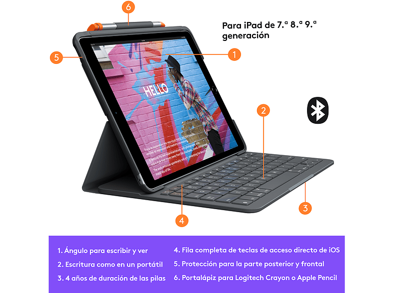 Funda con teclado - Logitech Slim Folio Funda con Teclado Bluetooth Gris para iPad 2019 10.2