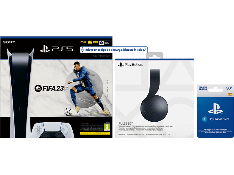 Consola - Sony PS5 Digital Edition C, 825 GB, + Auriculares Pulse 3D + FIFA 23 (código de descarga) + Tarjeta 50€ PS Store