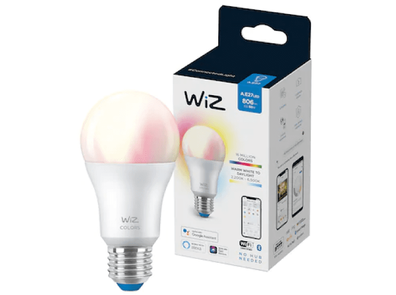 Bombilla inteligente - Wiz A60 60W E27, Luz blanca y color, WiFi y Bluetooth, Control por voz