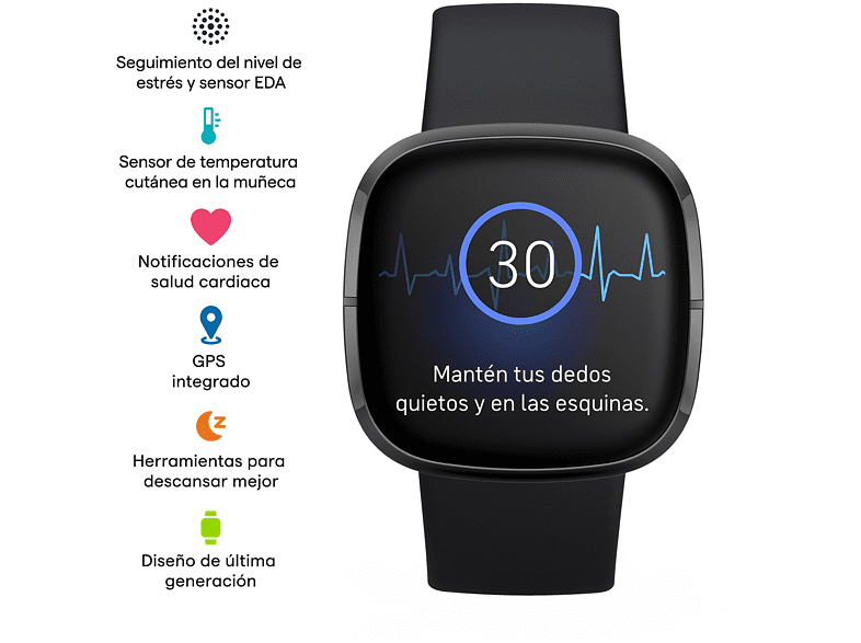 Smartwatch - Fitbit Sense, Negro, Avanzado de Salud, Métricas de Salud exclusivas, + 6 días batería