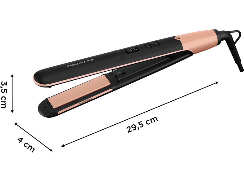 Plancha de pelo - Rowenta SF4620F0 Express Shine, Revestimiento de Papaya, Placas de cerámica, 8 temp., Hasta 210 °C, Liss & Curl, Negro y albaricoque