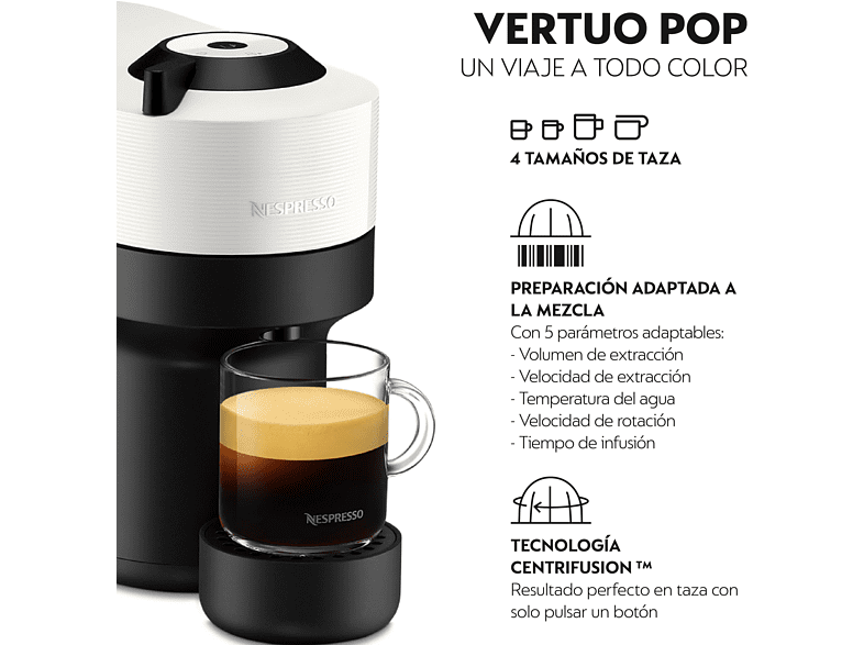 Cafetera de cápsulas - Nespresso® Krups Vertuo Pop XN920110, 1500 W,  0.56 L, Tecnología Centrifusion, Wi-Fi, Coconut White