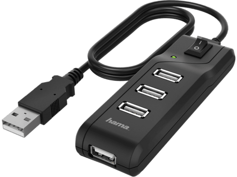 Hub USB/Concentrador - Hama 00200118, De 1x USB 2.0 a 4x USB 2.0, 1.8 m, 480 Mbps, Negro