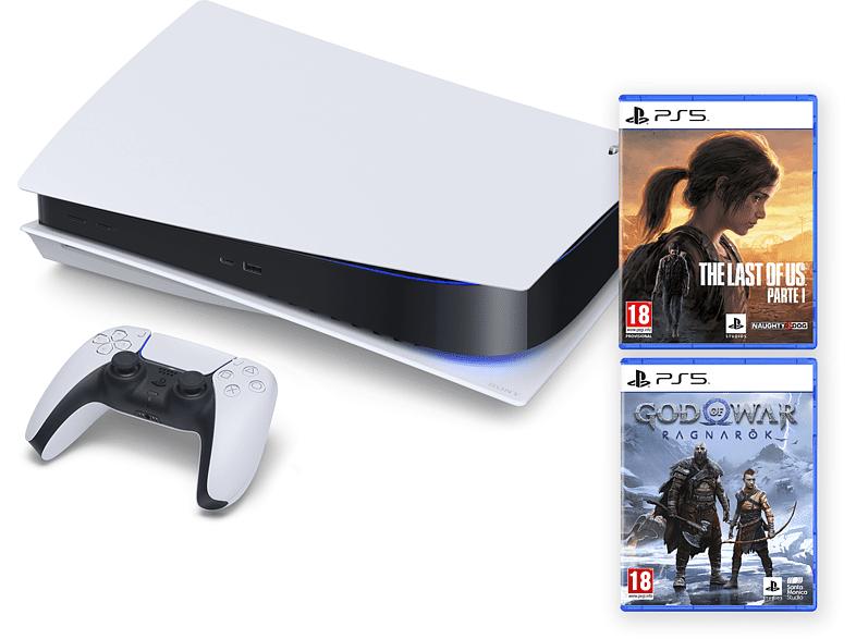 Consola - Sony PS5 Stand C, 825GB, 4K HDR, Blanco + Juego God Of War: Ragnarok + Juego The Last Of Us: Parte 1