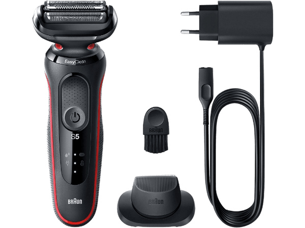 Afeitadora - Braun Series 5 51-R1200s, 3 Cuchillas, EasyClick, EasyClean,SensoFlex, Wet & Dry, Accesorio para corte de pelo, Rojo