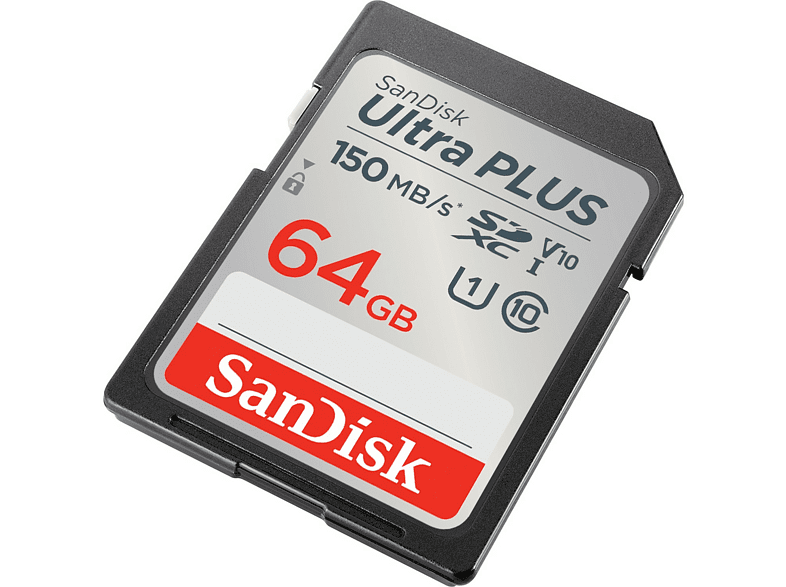 Tarjeta SDXC - SanDisk Ultra Plus , 64GB, 150 MB/s, UHS-I, V10, Clase 10, Resistente al Agua, Multicolor