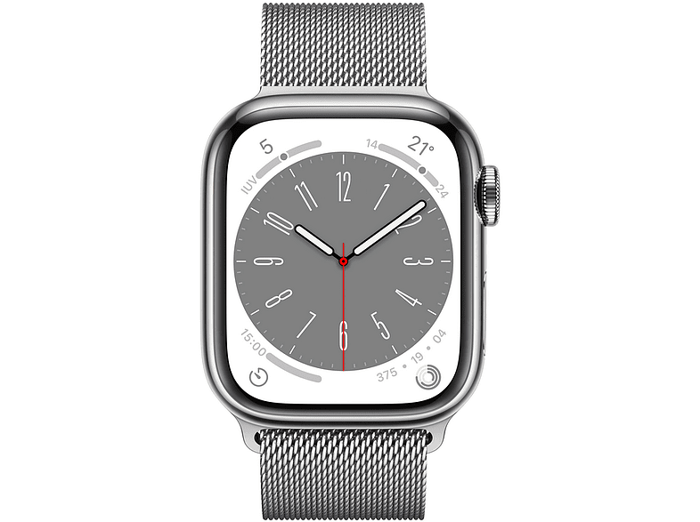 Apple Watch S8 (2022), GPS+CELL, 41 mm,  Caja de acero inoxidable, Vidrio delantero Ion-X, Correa Milanese loop plata