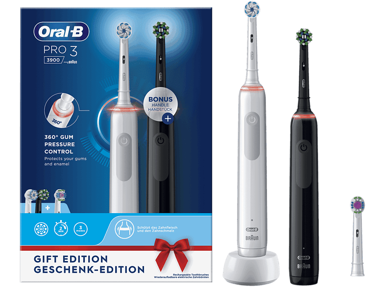Cepillo eléctrico - Oral-B Pro 3 3900 Dual Pack, Con 3 Cabezales, Diseñados Por Braun, Negro y blanco