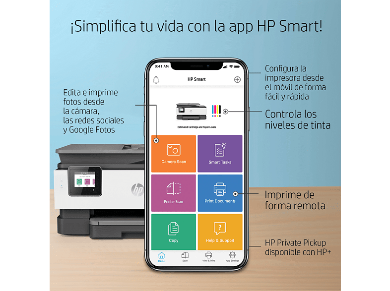 Impresora multifunción - HP OfficeJet Pro 8022e, WiFi, USB, Fax, color, 6 meses impresión Instant Ink con HP+