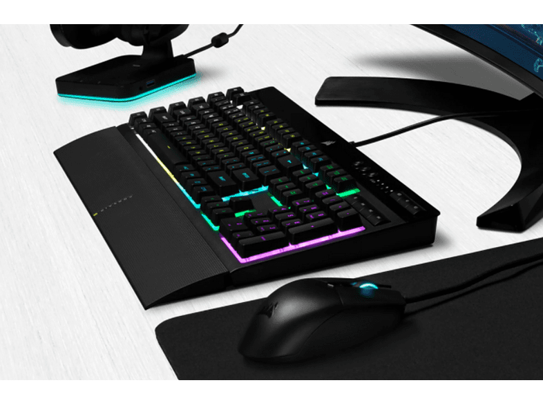 Pack Teclado + Ratón - Corsair K55 , QWERTY, USB, Retroiluminación LED RGB, 1000 Hz, DPI, Negro