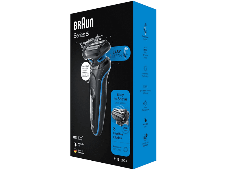 Afeitadora - Braun Series 5 51-B1000S, 3 Cuchillas, Tecnología AutoSense, EasyClick, Detección automática, Wet & Dry, Azul