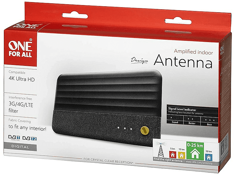 Antena TV - One for All SV 9482, Calidad 4K Ultra HD, Recepción 25 km, DVB-T / DVB-T2, Interior, Negro