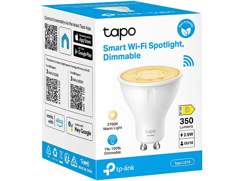 Bombilla inteligente - TP-Link Tapo L610, LED, RGB, 350 lm, Control voz, Regulable, GU10, Blanco