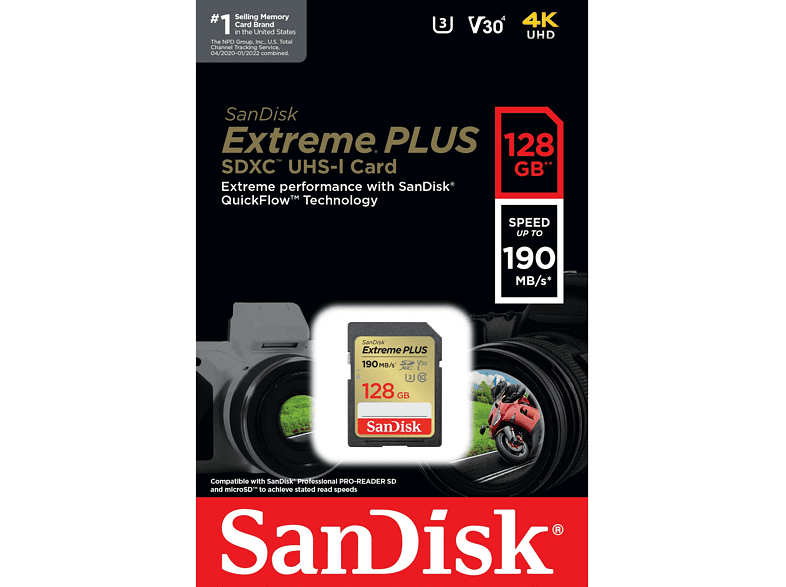 Tarjeta SDXC - SanDisk Extreme PLUS, 128 GB, Vídeo 4k UHD, Hasta 190 MB/s lectura, U3, V30, C10, Multicolor