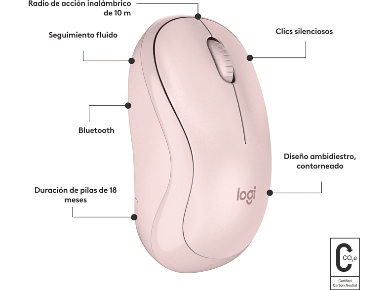 Ratón inalámbrico - Logitech M240 Silent, Inalámbrico, Bluetooth, 4000 ppp, Ambidiestro, Windows/Mac, Rosa