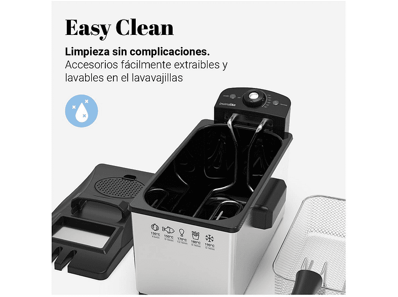 Freidora - Universal Blue USPAE3312, 2000 W, Hasta 190 ºC, Capacidad 3 litros, Depósito antiadherente, Inox