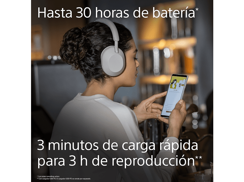 Auriculares inalámbricos - Sony WH-1000XM5S, Noise Cancelling, 30 h, Alexa y Google Assistant, Micro, Plata