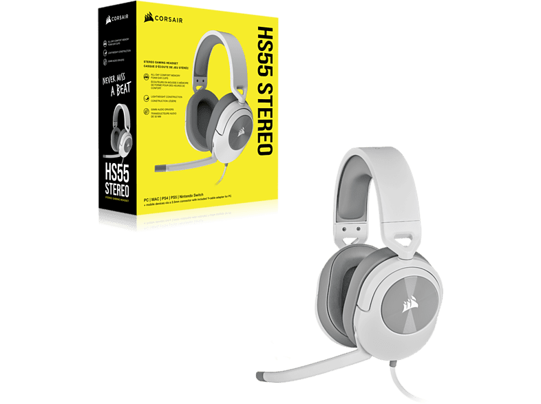 Auriculares gaming - Corsair HS55 Stereo, Con Cable, Micrófono Omnidireccional, White