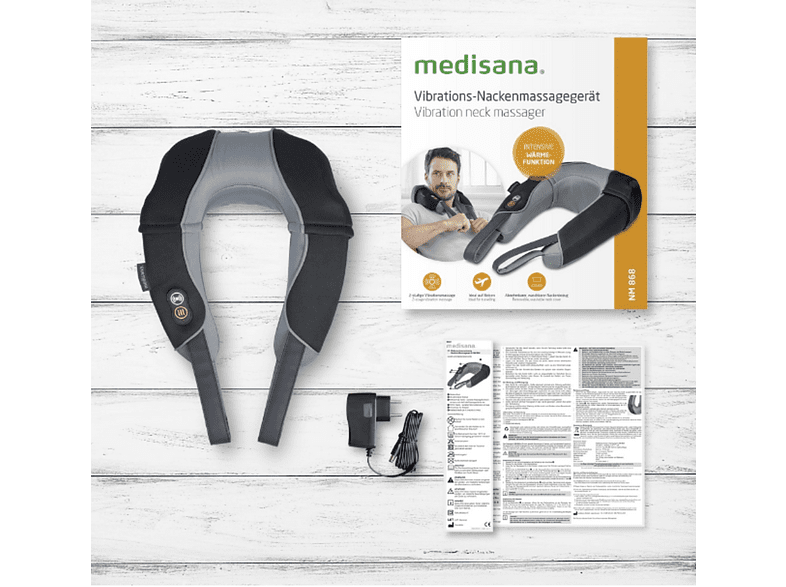 Masajeador - Medisana NM 868, Para cuello y hombros, 7 W, Masaje de vibración de 2 pasos, Intensidad ajustable, Negro/Gris