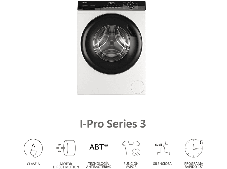 Lavadora carga frontal - Haier I-Pro Series 3 HW90-B14939-IB, 9 kg, 1400 rpm, Motor Direct Motion, 15 programas, Antibacterias, Vapor, Blanco