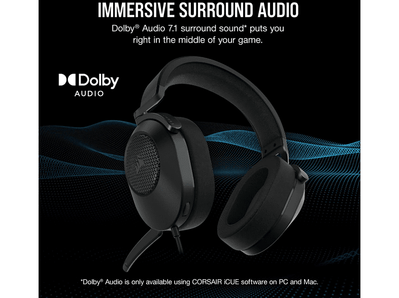 Auriculares gaming - Corsair HS65 Surround, No Bluetooth, Cable 1.8 m, Carbón