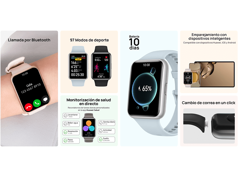 Smartwatch - Huawei Watch Fit 2, Batería hasta 10 días, 140 - 210 mm, Polímero, Sakura Pink