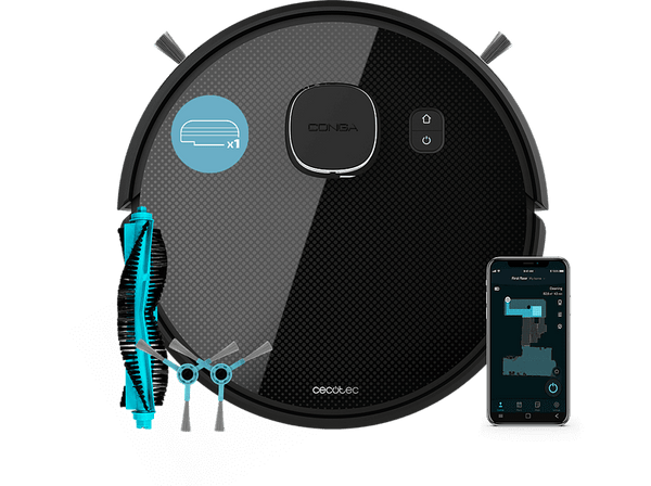 Robot friegasuelos - Cecotec Conga Eternal Max Titanium, 14.4 V, 110 min, 64 db, 4 en 1, Tecnología iTech Laser Eye, Negro
