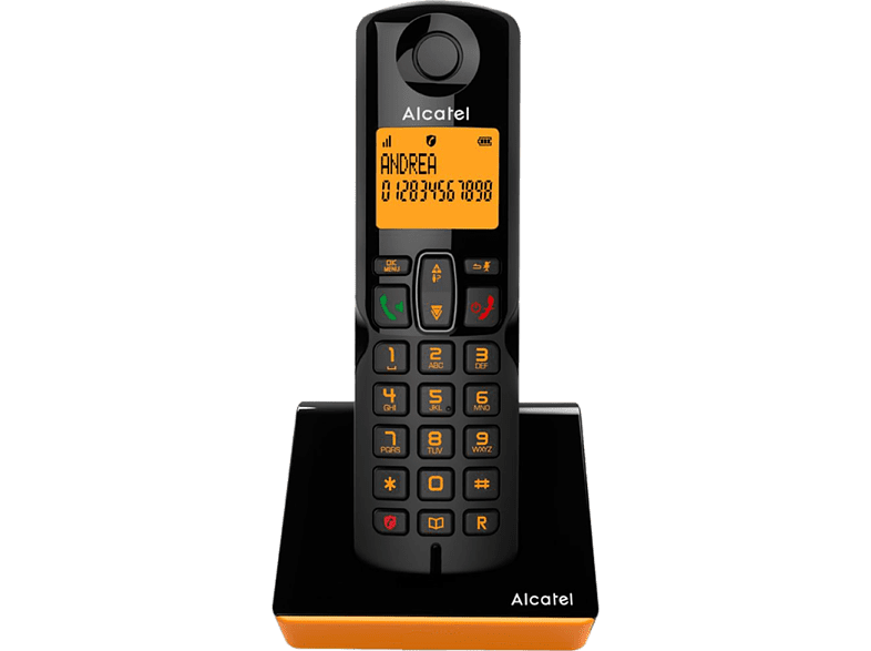 Teléfono - Alcatel S280, Inalámbrico, Bloqueo de llamadas, Agenda para 50 contactos, Manos libres, Negro y Naranja
