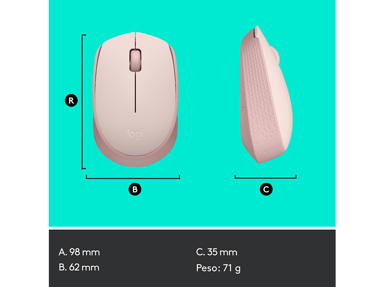 Ratón inalámbrico - Logitech M171, 1000 ppp, Ambidiestro, USB, Rosa