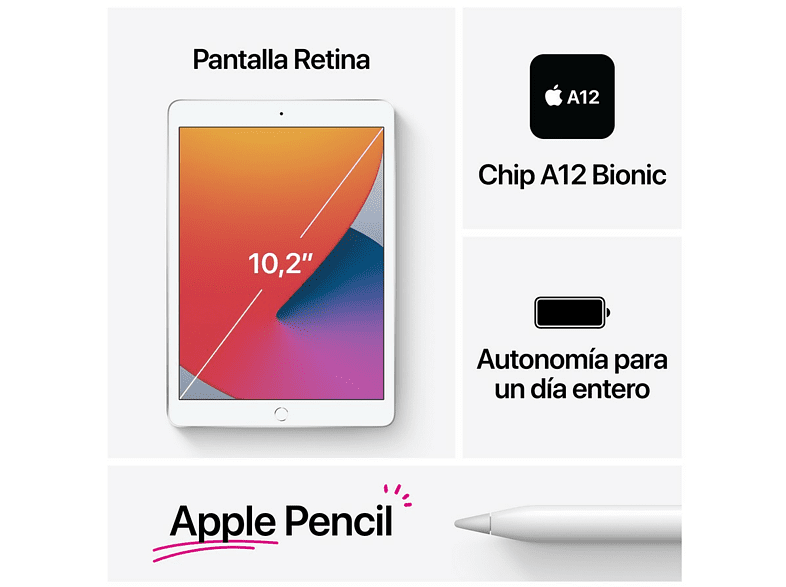 Apple iPad 8ª generación, 32 GB, Plata, 10.2 , WiFi, Retina, Chip A12 Bionic, iPadOS 14