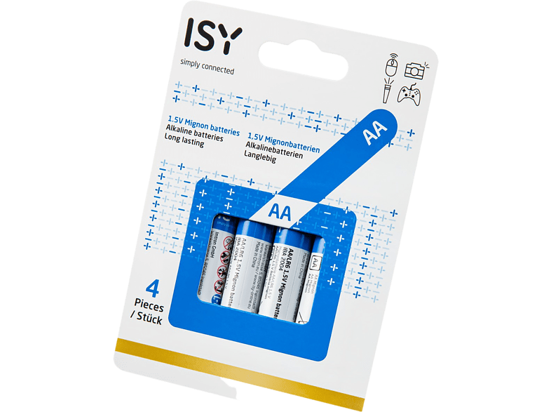 Pilas AA - ISY IBA-2004, Alcalina, LR06 1.5V, 4 unidades, Blanco y Azul
