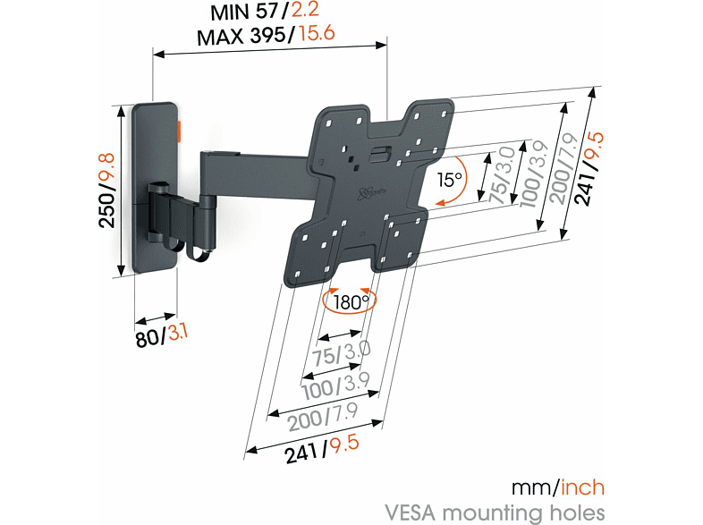 Soporte TV - Vogels TVM 1249, 19-43, Doble brazo, Giratorio 180º, VESA 75 mm x 75 mm-200 mm x 200 mm, Negro