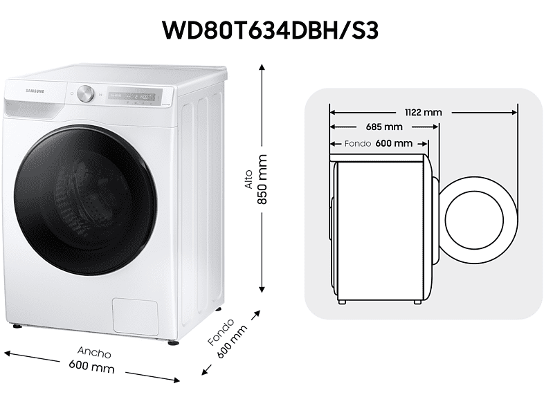 Lavadora secadora - Samsung WD80T634DBH/S3, 8 kg lavado, 5 kg secado, 1400 rpm, Auto Dosificador,  Blanco