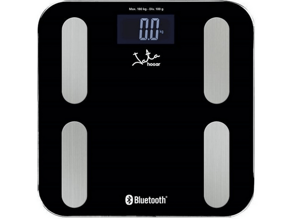 Báscula de baño - Jata 593, Bluetooth, Peso máximo 180 kg, Precisión 100 g, App OkOk, 8 funciones, Negro