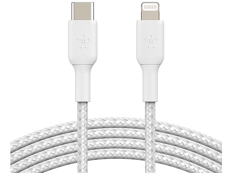 Cable USB - Belkin CAA004BT1MWH, USB-C a Lightning, Trenzado, 1 m, Blanco