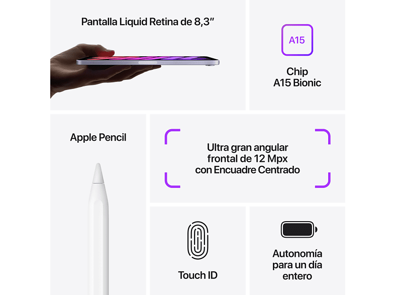 Apple iPad mini (6ª gen.), 64 GB, Blanco estrella, Wi-Fi, 8.3 , Retina, Chip A15 Bionic, iPadOS