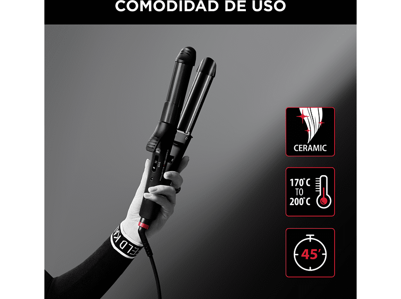 Plancha de pelo - Rowenta por Karl Lagerfeld CF451L Multistyler Fashion Stylist, 3 en 1, Hasta 200 ºC, Tecnología iónica,  Negro y rojo