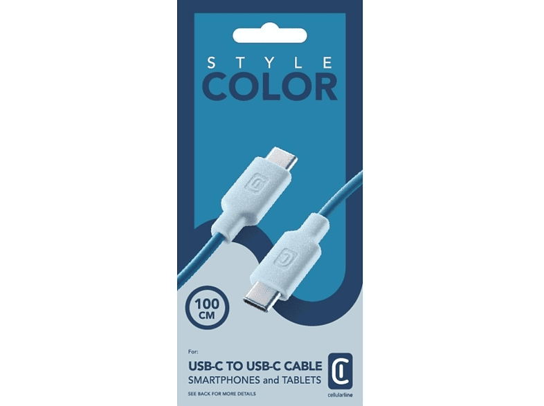 Cable USB - CellularLine  Stylecolor, Conector USB - C to USB-C, 1 m, Azul