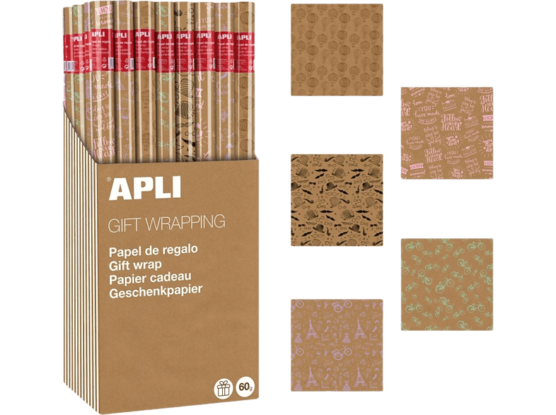Papel de regalo - Apli 18911 Kraft Fun, Rollo 70 cm x 2 m, Varios estampados, Marrón