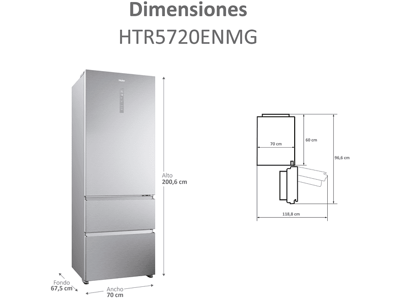 Frigorífico combi - Haier 3D 70 Series 5 HTR5720ENMG, 483 l, Total No Frost, 200.6 cm, Motor Inverter, Humidity Zone, My Zone, Plata