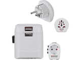 Adaptador enchufe - World to Europe Hama, 2 entradas USB, 250 V, Compatible con hasta 200 países, Blanco