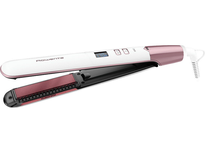 Plancha de pelo - Rowenta SF4655F0 Volumizer, 3D Volume Booster, Revestimiento cerámico de cuarzo rosa, Función Iónica, 8 temp. , Hasta 210 °C, Blanco
