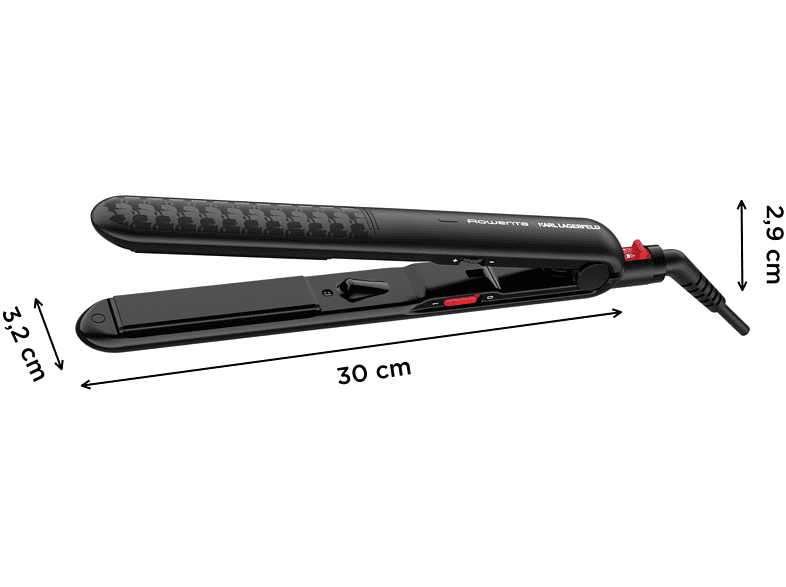 Plancha de pelo - Rowenta x Karl Lagerfeld Optiliss SF321LF0, Revestimiento Keratin & Glow, 10 temperaturas, Hasta 230 °C, Negro y rojo