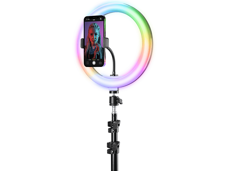 Aro de luz + soporte - Cellular Line Selfie Ring Pro, Bluetooth, LED multicolor, RGB, 360°, Negro