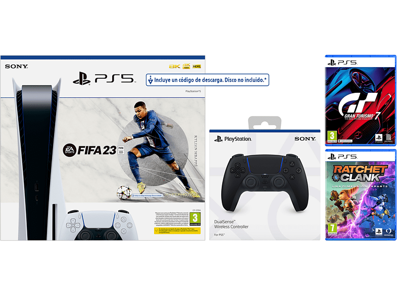 Consola - Sony PS5 Stand C, 825 GB (2 Mandos DualSense™ incluidos, Negro y Blanco) + FIFA 23 (código de descarga) + Gran Turismo 7 + Ratchet & Clank
