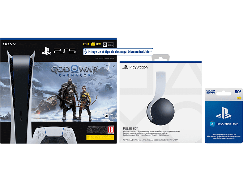 Consola - Sony PS5 Digital C, 825GB, 4K, Blanco + Auriculares gaming Pulse 3D + Juego God Of War: Ragnarok (código descarga) + Tarjeta 50€ PS Store