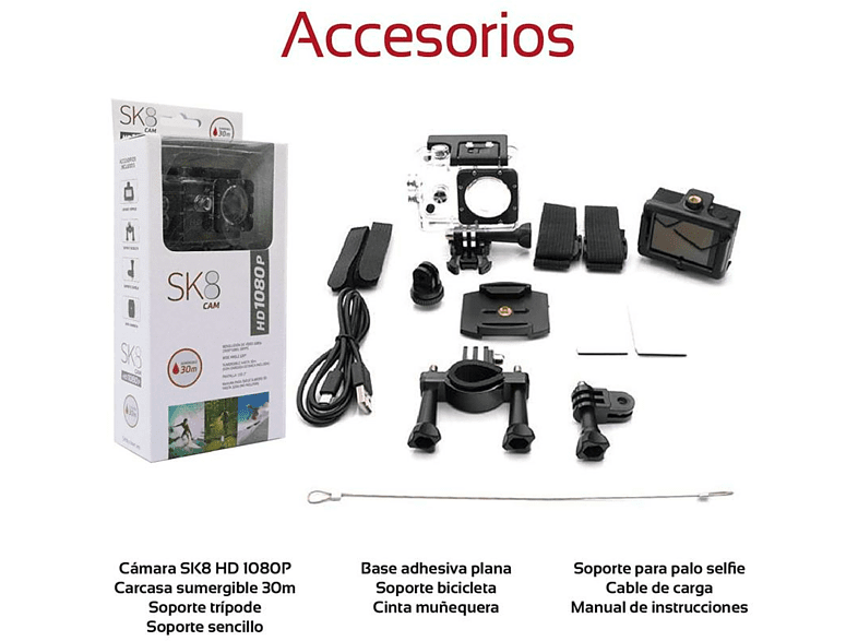 Cámara deportiva - SK8 HD 1080 P, Full HD, 12 MP, LCD 2, Negro