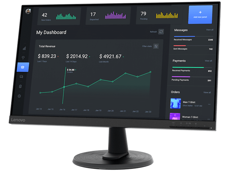 Monitor - Lenovo D24-40, 23.8, Full HD, 7 ms, 75 Hz, HDMI®, VGA, Negro