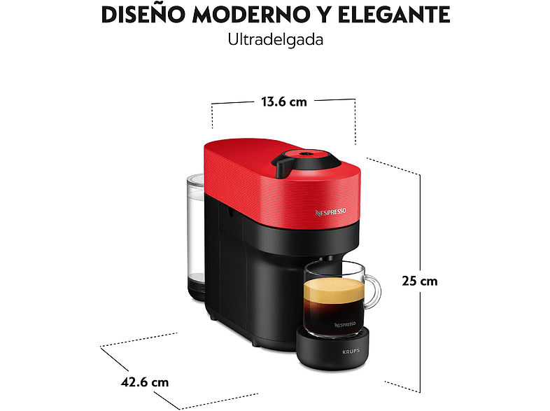 Cafetera de cápsulas - Nespresso® Krups Vertuo Pop XN920510, 1500 W, 0.56 L, Tecnología Centrifusion, Wi-Fi, Spicy Red